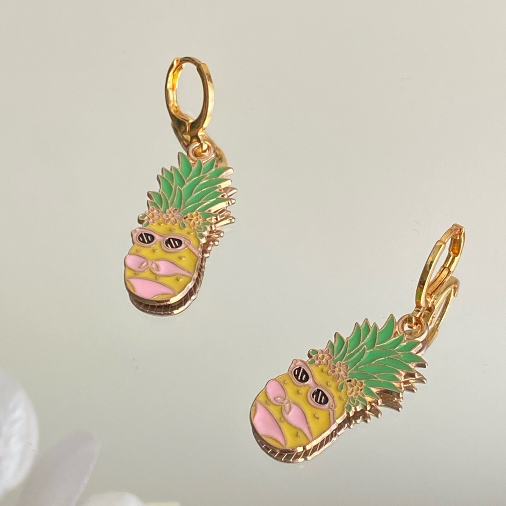 Cute funky Bikini Pineapple gold enamel earrings 🍍👙